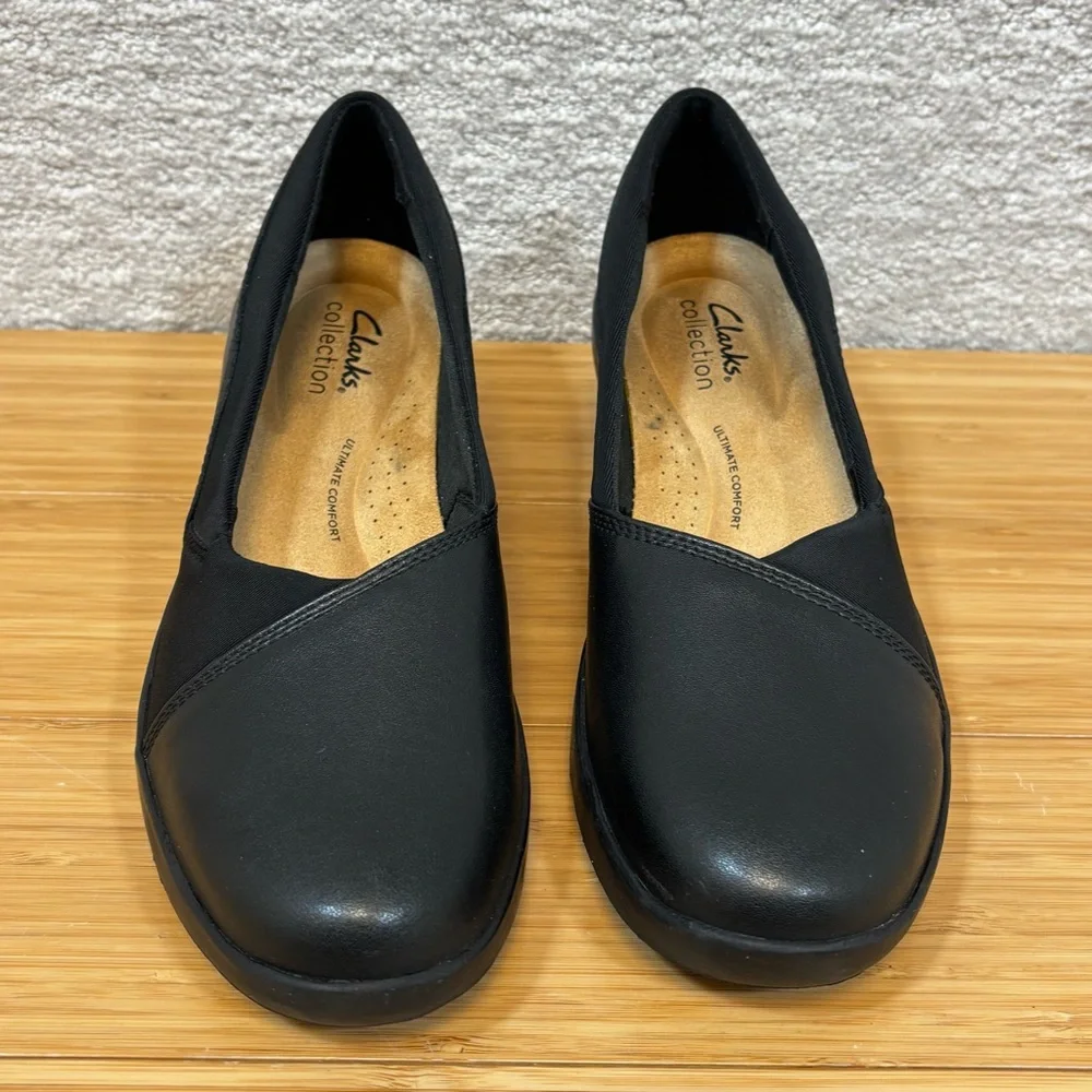 Clarks Sz 7 M Women's Suttyn Walk Leather Wedges Black Leather Shoe - Picture 3 of 8